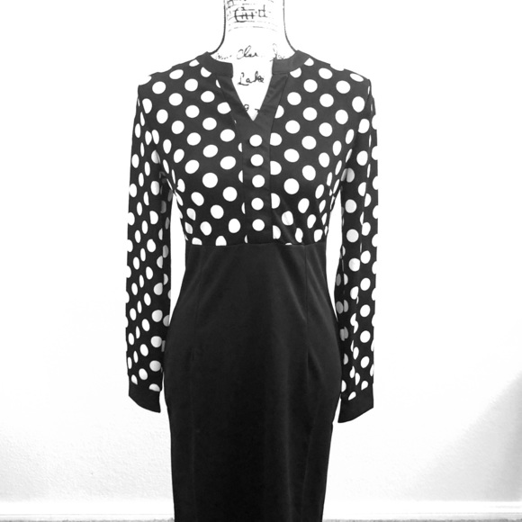 Black and White Long Sleeve Polka Dot Dress - Picture 1 of 6